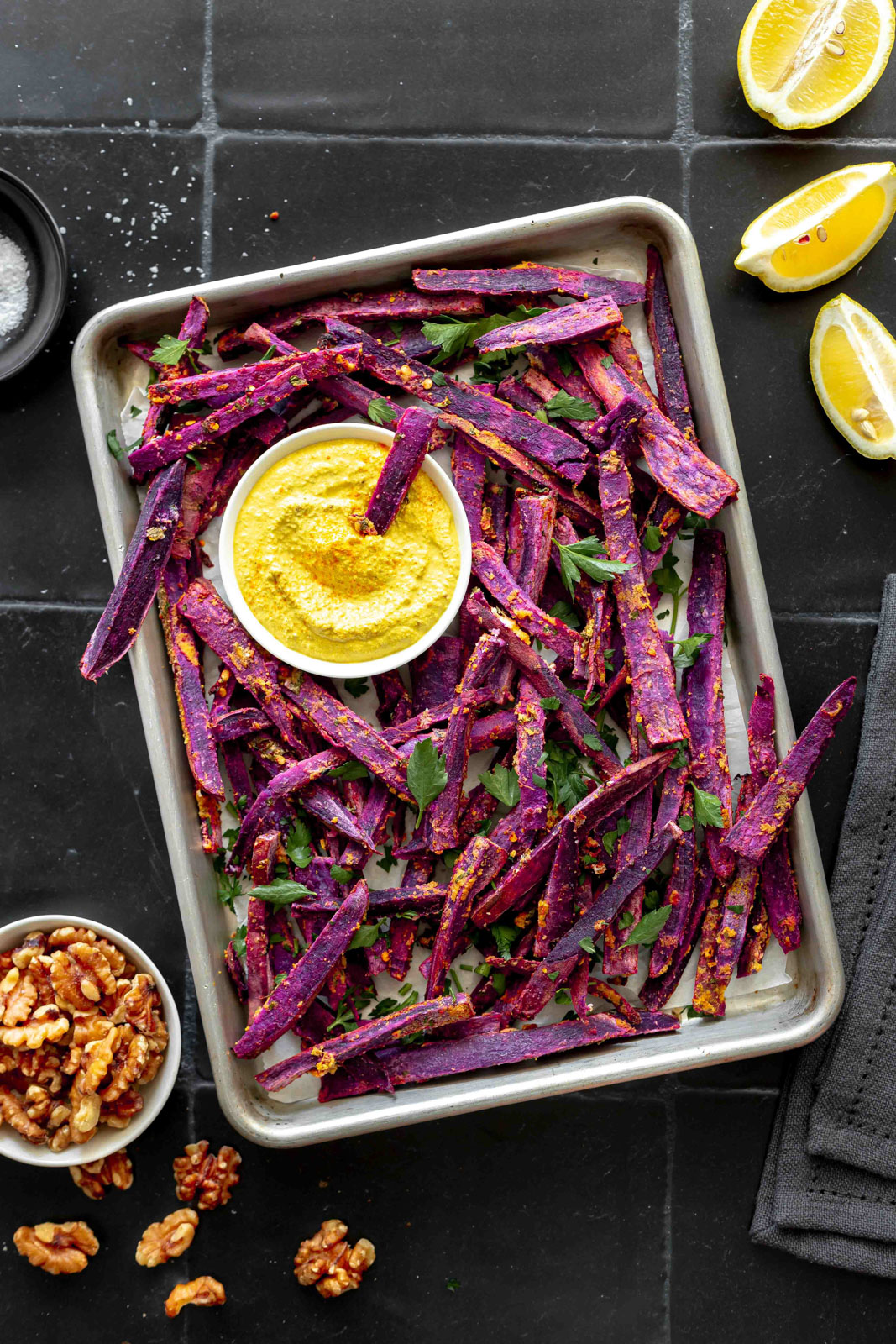 OilFree Purple Sweet Potato Fries with Walnut Turmeric Aioli